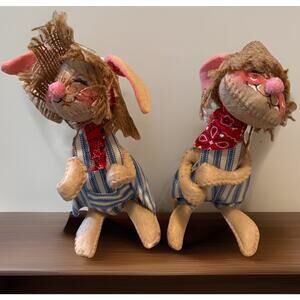 2 Vintage 1965 Annalee Country Bunny Rabbit Doll In Overalls Farmhouse Preowned
